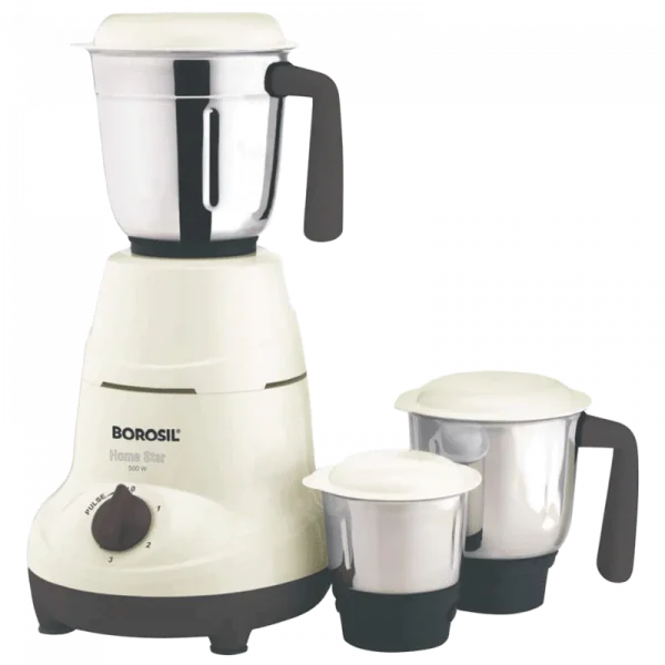 Borosil Home Star 500 Watts 3 Jars Mixer Grinder (Push Locking Mechanism, HAMG500W22, White)